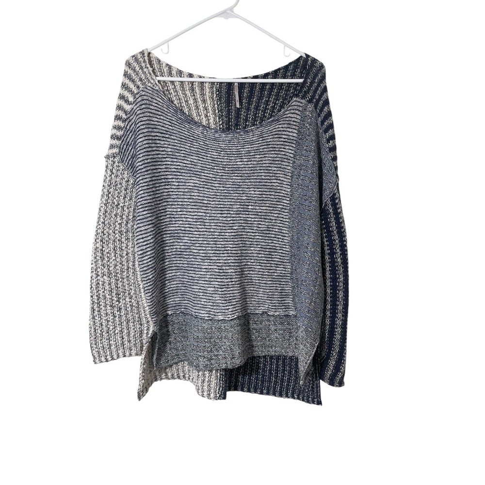Free People Patchwork Slouchy Sweater Medium Blue Cotton Blend Boho Casual Knit